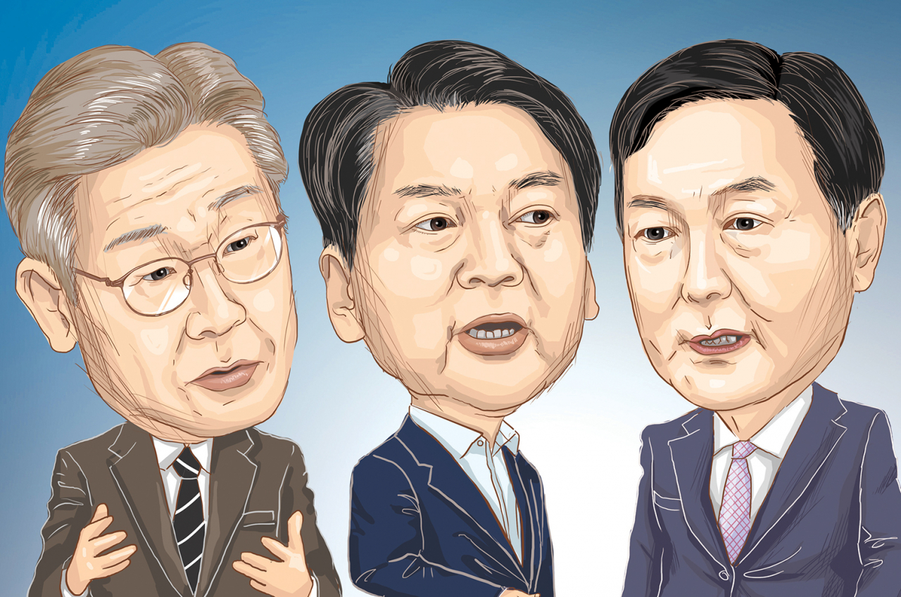 이재명(왼쪽부터), 안철수, 윤석열 대선후보의 캐리커처. [캐리커처=박지영]