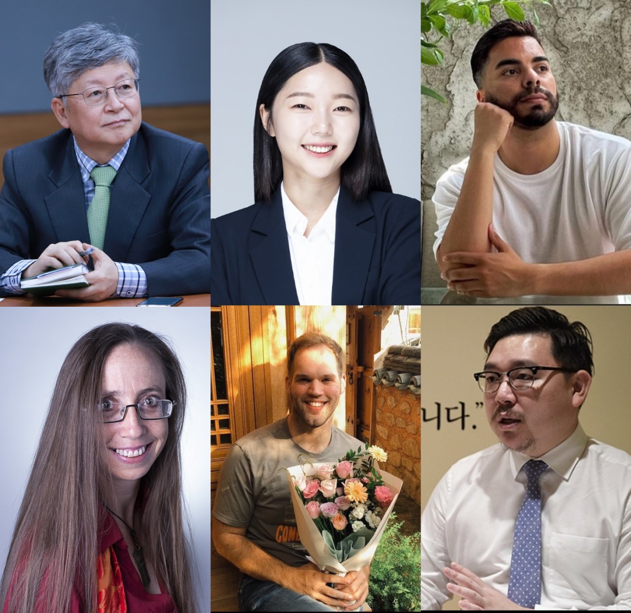 (Clockwise from top-left) Kang Sung-jin, professor of economics at Korea University and Kang Min-jin, leader of the Justice Party’s youth division and Patrick Ramos, a Seoul-based TikToker and influencer and Kim Ki-hong, co-chairman of a special committee designed to promote interests of the self-employed and David Stewart, High school English teacher and Dr. CedarBough Saeji, Assistant Professor in Korean and East Asian Studies at Pusan National University