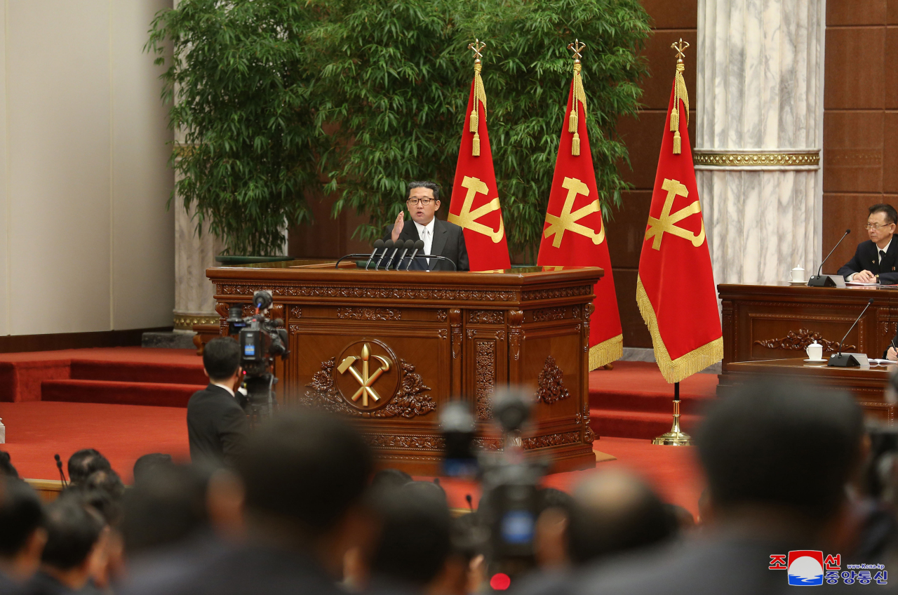 North Korean leader Kim Jong-un presides over a plenary session of the central committee of the ruling Workers' Party in Pyongyang last week, in a photo released by the Korean Central News Agency. (KCNA-Yonhap)
