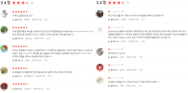 미접종자에 전복 한마리를 무료로 제공하겠다는 식당의 포털사이트 리뷰란에 별점이 갈린 모습. [다음 캡처]
