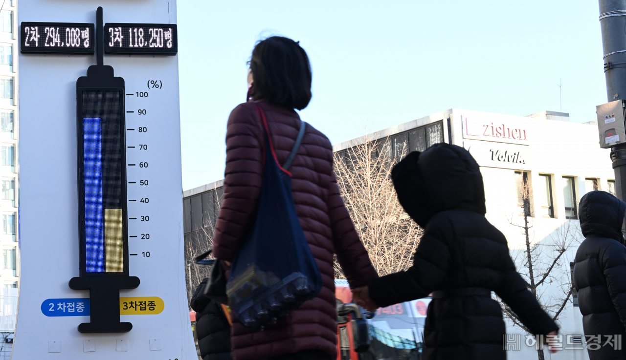4일 오전 서울 광진구 자양사거리에 설치된 코로나19 백신 접종률 온도탑 앞으로 시민들이 지나가고 있다. 이날 신규확진자는 3024명이고, 위중증 환자는 973명으로 보름 만에 1000명 아래로 떨어졌다. 박해묵 기자