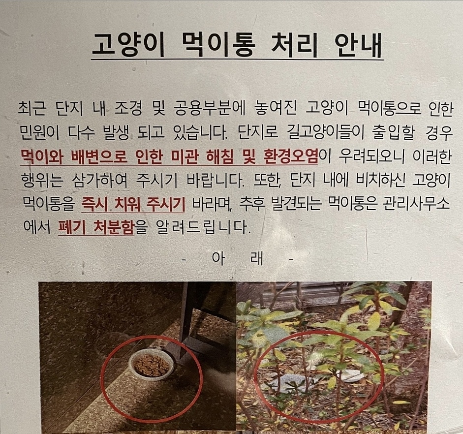 서울 양천구의 한 아파트에 붙어 있는 고양이 민원 안내문 [독자 제공]