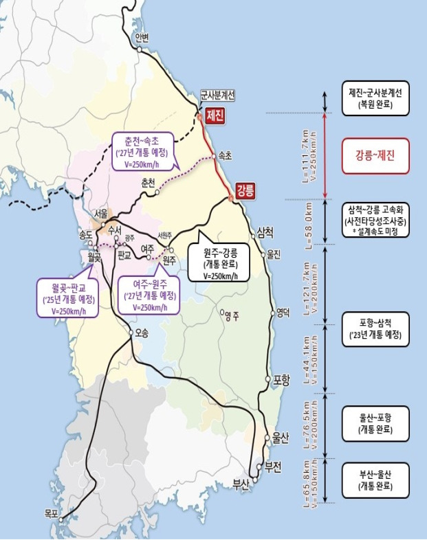 동해북부선 강릉～제진 철도건설사업 노선도