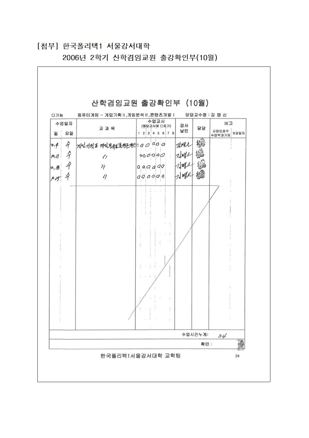 한국폴리텍1 서울강서대학 2006년 2학기 산학겸임교원 출강확인부(10월). [사진제공=박홍근 의원실]