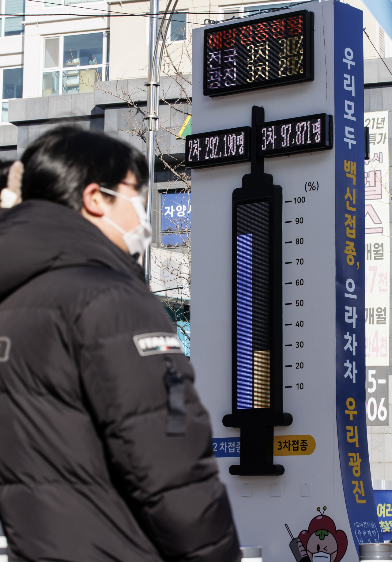 지난해 12월27일 서울시 광진구의 한 교차로에 설치된 코로나19 백신 접종률 온도탑 모습. [연합]