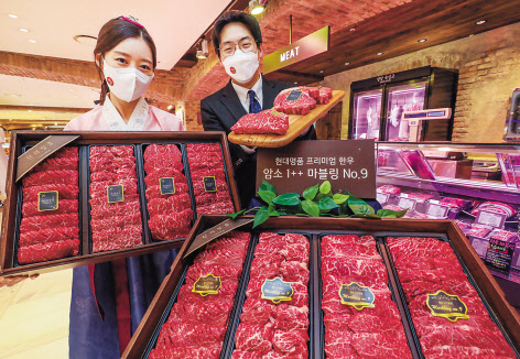 비대면 명절 트렌드에 맞춰 300만원짜리 한우선물세트가 등장하는 등 프리미엄 선물 수요가 늘고 있다. [현대백화점 제공]
