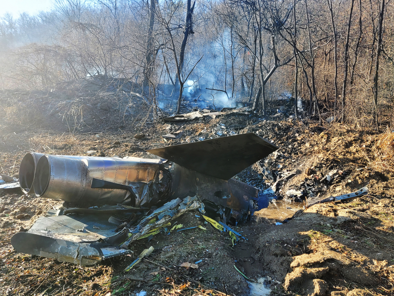 11일 오후 1시 46분께 경기도 화성시 정남면 관항리의 한 야산에 공군 10전투비행단 소속 F-5E 전투기 1대가 추락했다. 추락한 기체에서 연기가 피어 오르고 있다. [연합]