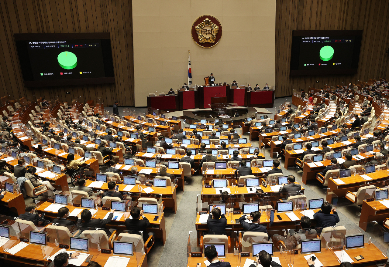 지난달 11일 오후 서울 여의도 국회에서 열린 새해 첫 본회의에서 경찰관 직무집행법 일부개정법률안이 통과되고 있다. 이상섭 기자