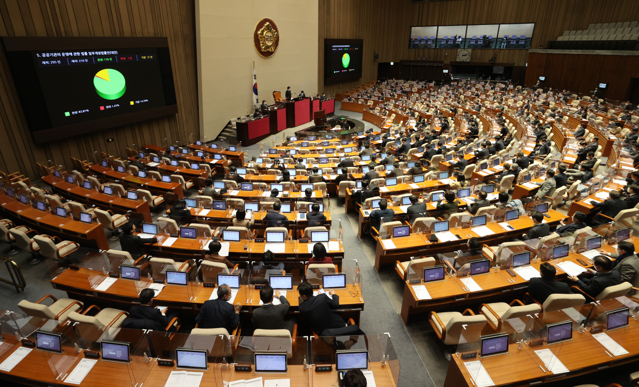 국회에서 노동자 대표가 공공기관 이사회의 의사결정 과정에 참여할 수 있도록 하는 내용의 '공공기관 운영에 관한 법률 일부개정법률안'에 대한 표결이 이뤄지고 있는 모습. [연합]