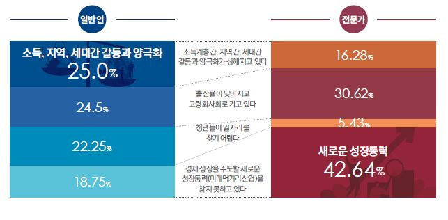 우리나라가 해결해야 할 가장 중요한 문제에 대한 일반인과 전문가 간 인식 비교.[STEPI 제공]