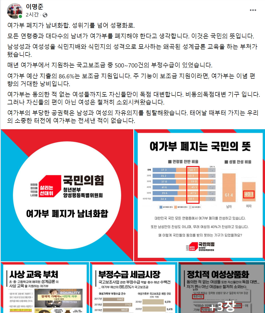 이명준 국민의힘 선대위 양성평등특별위원회 위원장은 자신의 페이스북에 여가부를 폐지해야 하는 이유를 카드뉴스형식으로 게재했다.[페이스북]