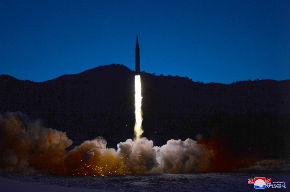 This photo, released by North Korea's official Korean Central News Agency on Wednesday, shows what the North claims to be a new hypersonic missile being launched the previous day. (KCNA)