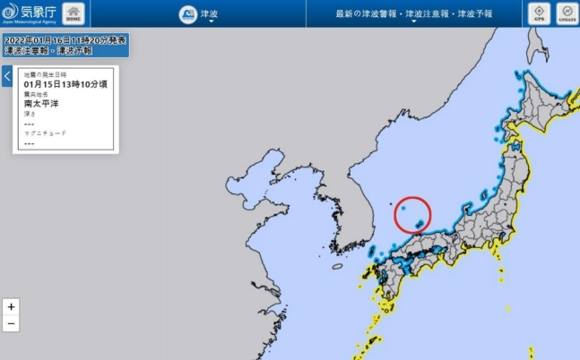 일본 기상청 홈페이지 쓰나미 관련 지도에서 독도를 일본 영토로 표기했다. [서경덕 교수팀]