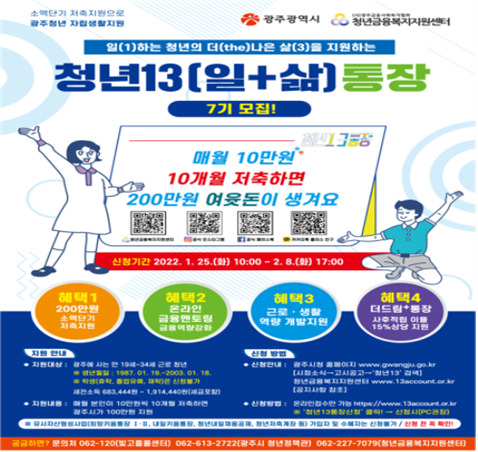 광주시는 일하는 청년의 경제적 자립과 생활안정을 지원하는 ‘청년13(일+삶)통장’ 7기 참여자 500명을 모집한다