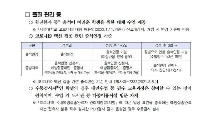서울대가 공지한 ‘2022학년도 1학기 수업 운영안’. [서울대 제공]