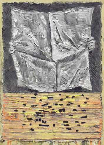 유근택, 아침신문 Morning Mewspaper, Black Ink, White Powder and Tempera on Korean Paper, 72X49cm, 2019