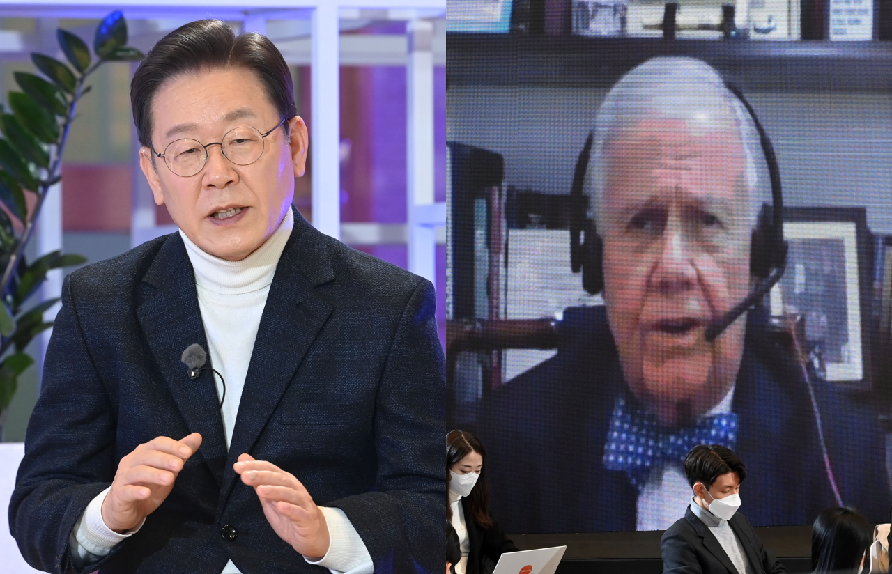 이재명 더불어민주당 대선후보가 20일 오후 서울 성동구 KT&G 상상플래닛에서 세계적인 투자가 짐 로저스와 '대전환의 시대, 세계 5강으로 가는 길'이라는 주제로 온라인 대담을 하고 있다. [연합]