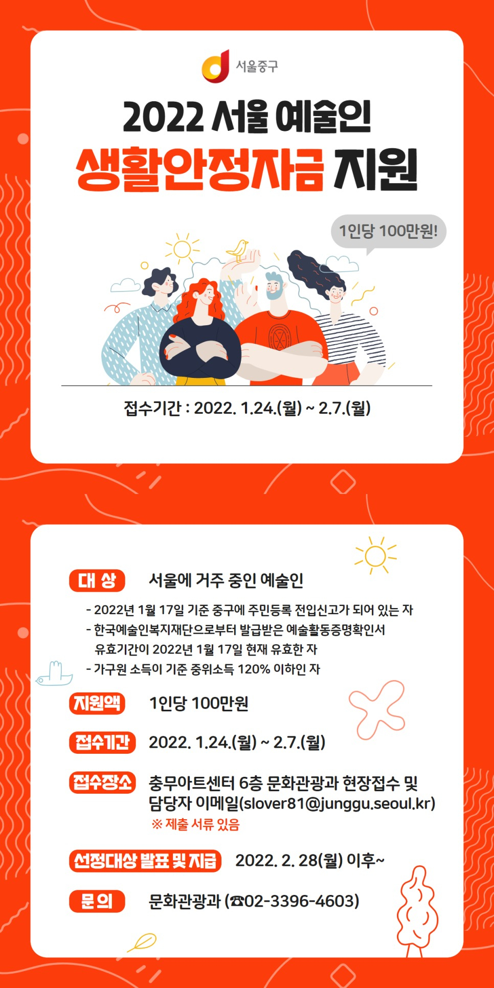 중구 문화예술인 지원금 홍보물. [중구청 제공]