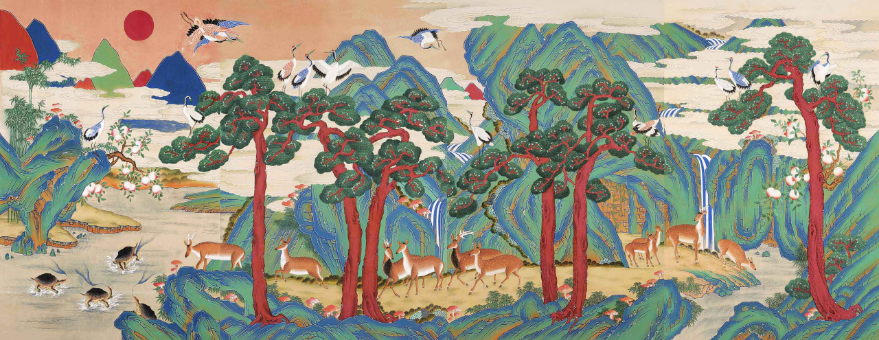 화사한날 전시. 한국전통문화대 2학년단체작,십장생도 10폭,151x376cm,견본채색