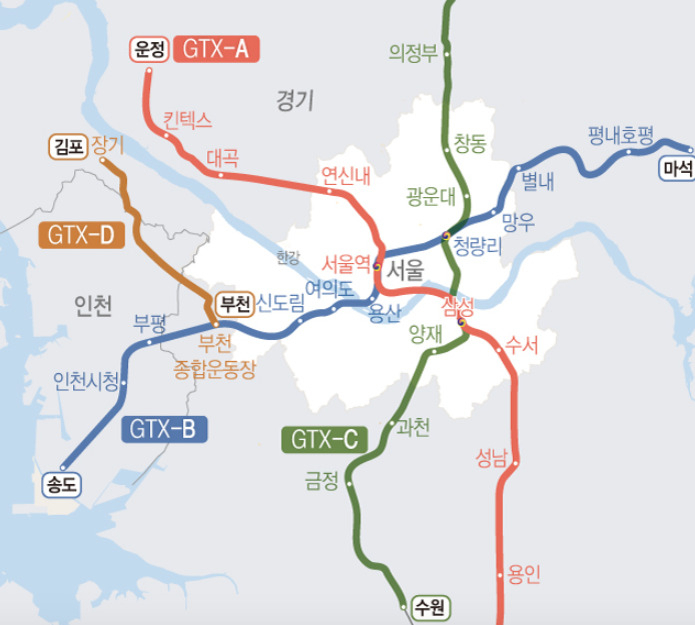 현재 GTX-D 노선은 김포에서 부천까지로 계획돼 있다. 이재명 더불어민주당 대선 후보는 이를 연장해 강남을 지나 하남까지 연장하겠다고 자신의 대선 공약으로 내놨다. [국토교통부]