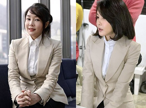 김건희 씨의 수 년 전 언론 인터뷰 모습(좌측) [온라인 커뮤니티]. 강신업 변호사가 공개한 최근 프로필 사진 촬영 모습(우측) [강신업 변호사 페이스북]