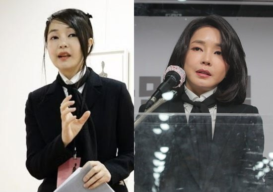 김건희 씨 수년 전 언론 인터뷰 모습(왼쪽)과 지난해 12월 26일 대국민 사과 기자회견 모습. [온라인 커뮤니티] [연합뉴스]