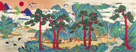 한국전통문화대 2학년단체작, 십장생도 10폭, 151x376cm, 견본채색.