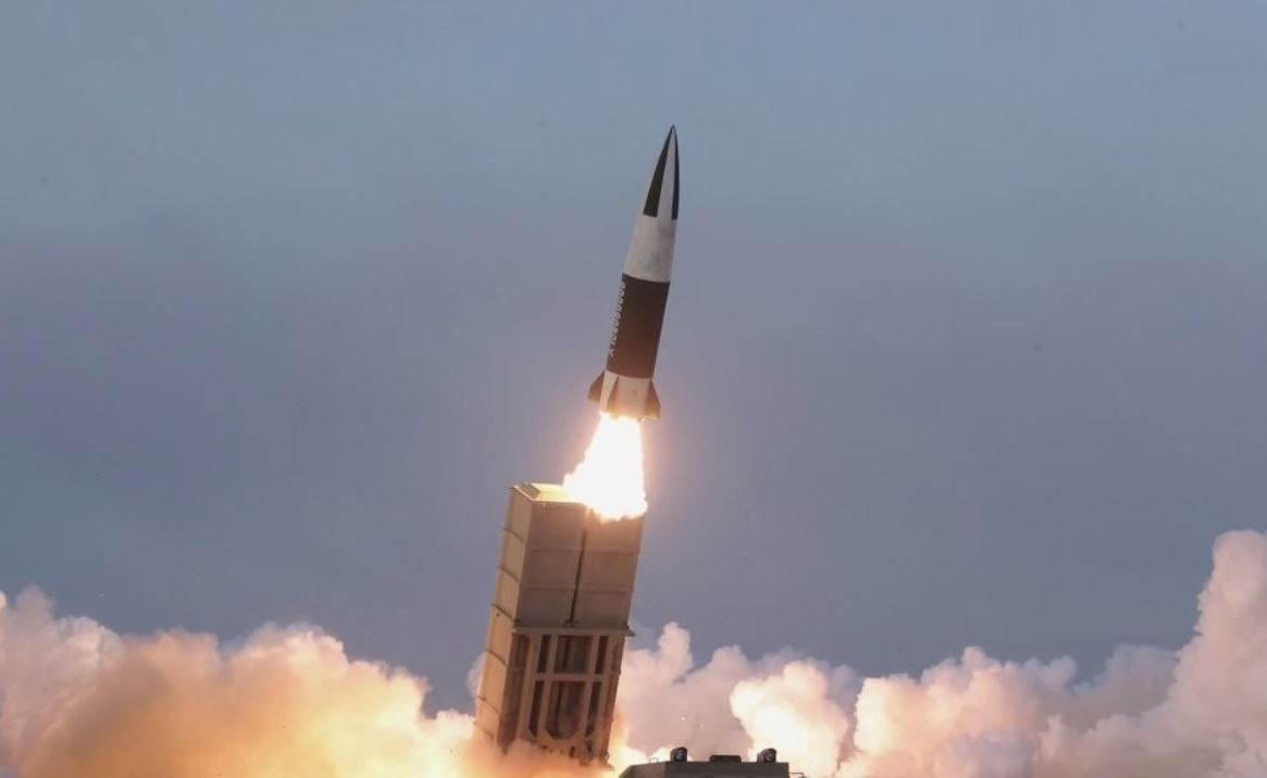 This photo, captured from North Korea's Central TV on Jan. 18, 2022, shows one of two tactical guided missiles that the North test-fired from a transporter erector launcher toward an island target in the East Sea the previous day. The missile appears to be the North Korean version of the US' Army Tactical Missile System, called the KN-24. (Yonhap)