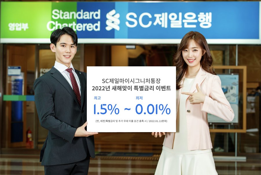Models hold a promotional sign of SC Bank‘s My Signature Account. (SC Bank Korea)