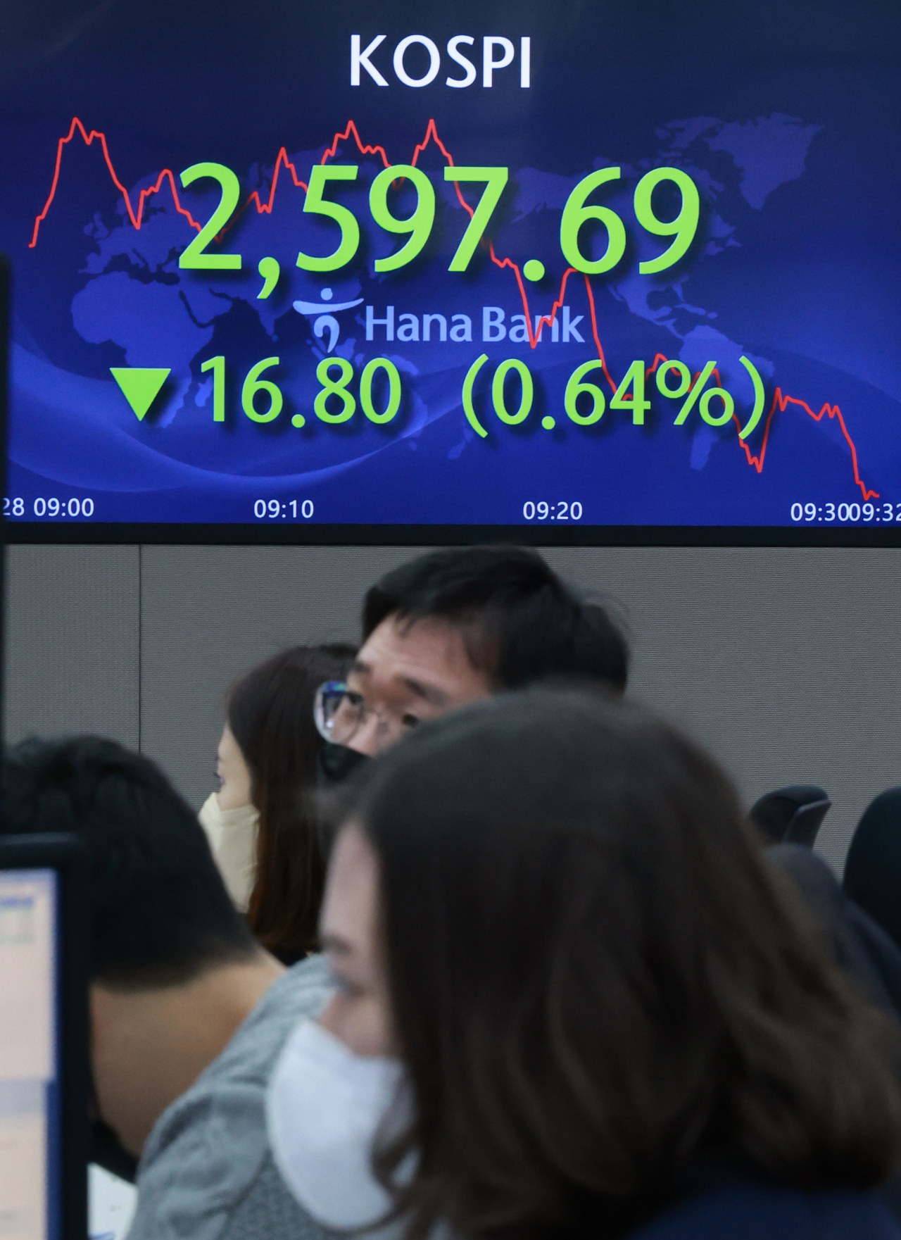 28일 오전 서울 중구 을지로 하나은행 본점 딜링룸 현황판에 코스피가 표시돼 있다. 이날 코스피는 전장보다 3.38포인트 높은 2,617.87로 개장해 상승 뒤 등락을 거듭하다 장중 2,600선이 붕괴됐다. 연합뉴스