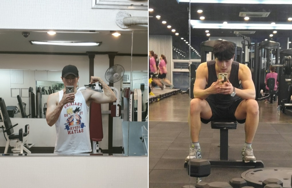 K-9 자주포 폭발 사고 생존자 이찬호(28) 씨는 자신감을 되찾기 위해 웨이트 트레이닝을 시작했다(왼쪽). 오른쪽 사진은 입대 전 운동하던 모습.[이찬호 씨 제공]