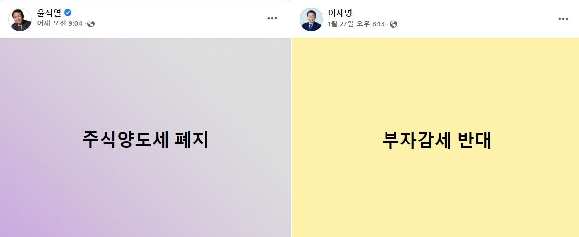 윤석열 국민의힘 대선후보가 '주식양도세 폐지' 메시지를 올리자 이재명 더불어민주당 대선후보가 '부자감세 반대'로 맞불을 놓은 모습