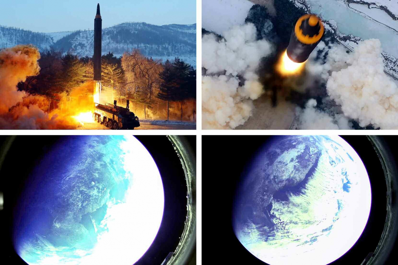 북한은 전날 시험발사한 중거리탄도미사일(IRBM)에 대해 지대지 중장거리탄도미사일 ‘화성-12형’이라고 31일 확인했다. 북한 노동당 기관지 노동신문은 화성-12형이 상공에서 찍은 지구 사진을 공개했다. [평양 노동신문=뉴스1]