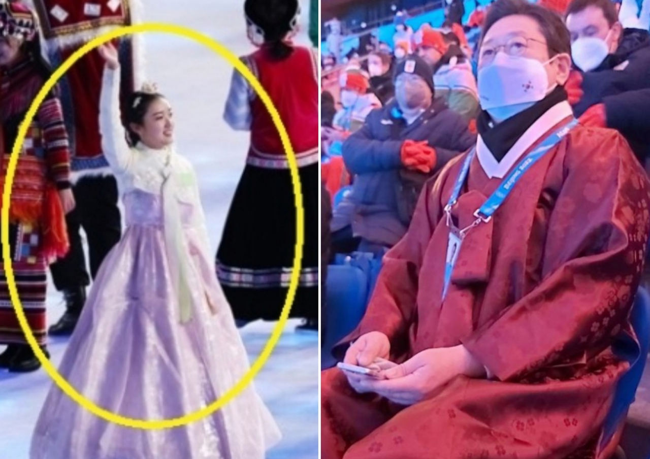 4일 오후 중국 베이징 국립경기장에서 열린 2022 베이징 올림픽 개회식에 등장한 한복 차림의 여성(왼쪽). 중국 소수민족 조선족을 표현하는 데 최근 국내에서 유행하는 색감의 한복을 사용했다. 이날 황희 문화체육관광부 장관(오른쪽)은 한복을 입고 참석했다. [연합]