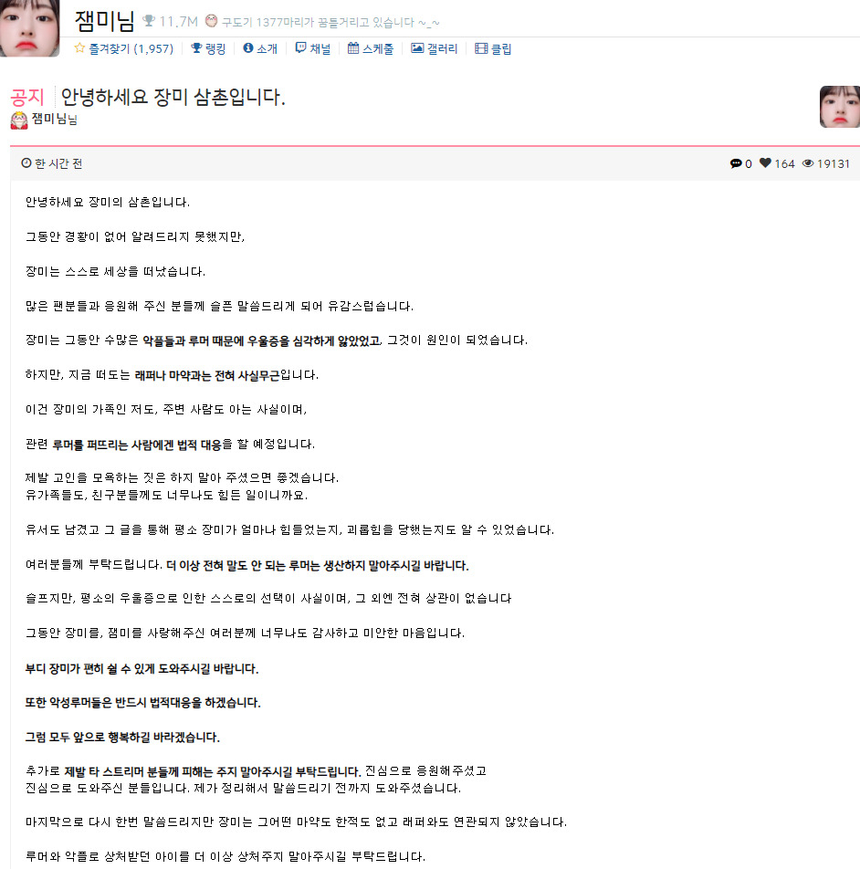 BI잼미의 유가족이 온라인에 올린 BJ잼미의 비보. [온라인 커뮤니티]