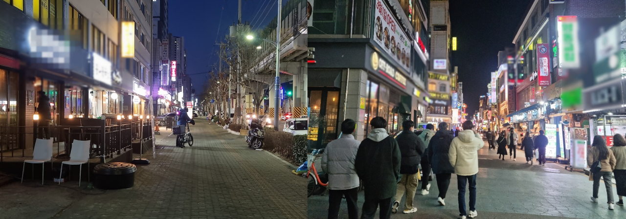 지난 6일 오후 서울 광진구 건국대 정문 근처 거리와 인근 먹자골목. 정문 근처 상점들은 코로나19 확산 이후 매출 부진에서 벗어나지 못하고 있다. 반면 번화가인 먹자골목에서는 젊은 층으로 거리가 붐비고 있다. 김빛나 기자