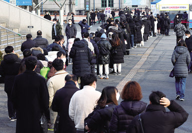 8일 오전 서울역광장에 마련된 코로나19 임시 선별검사소에 시민들이 검사를 받기 위해 줄을 서서 기다리고 있다. [연합]