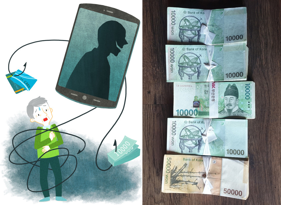 A씨가 보이스피싱 전화를 받고 인출한 현금(오른쪽). [게티이미지뱅크, 부산경찰청 제공]