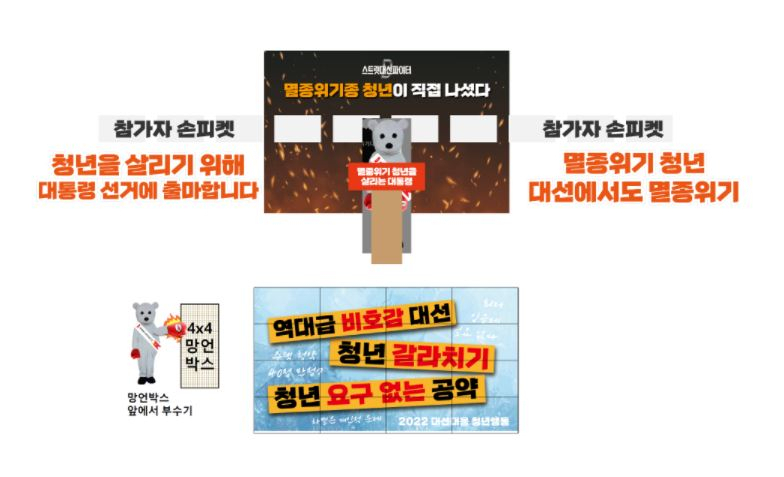 2022대선대응청년행동이 청년들의 목소리를 내기 위해 가상 후보 ‘박곰’을 출마시키기로 했다. 박곰의 출마선언식은 10일 낮 12시에 서울 서대문구 유플렉스 앞에서 진행될 예정이다. 출마 선언식에서 열리는 퍼포먼스 안내문. [2022대선대응청년행동 제공]