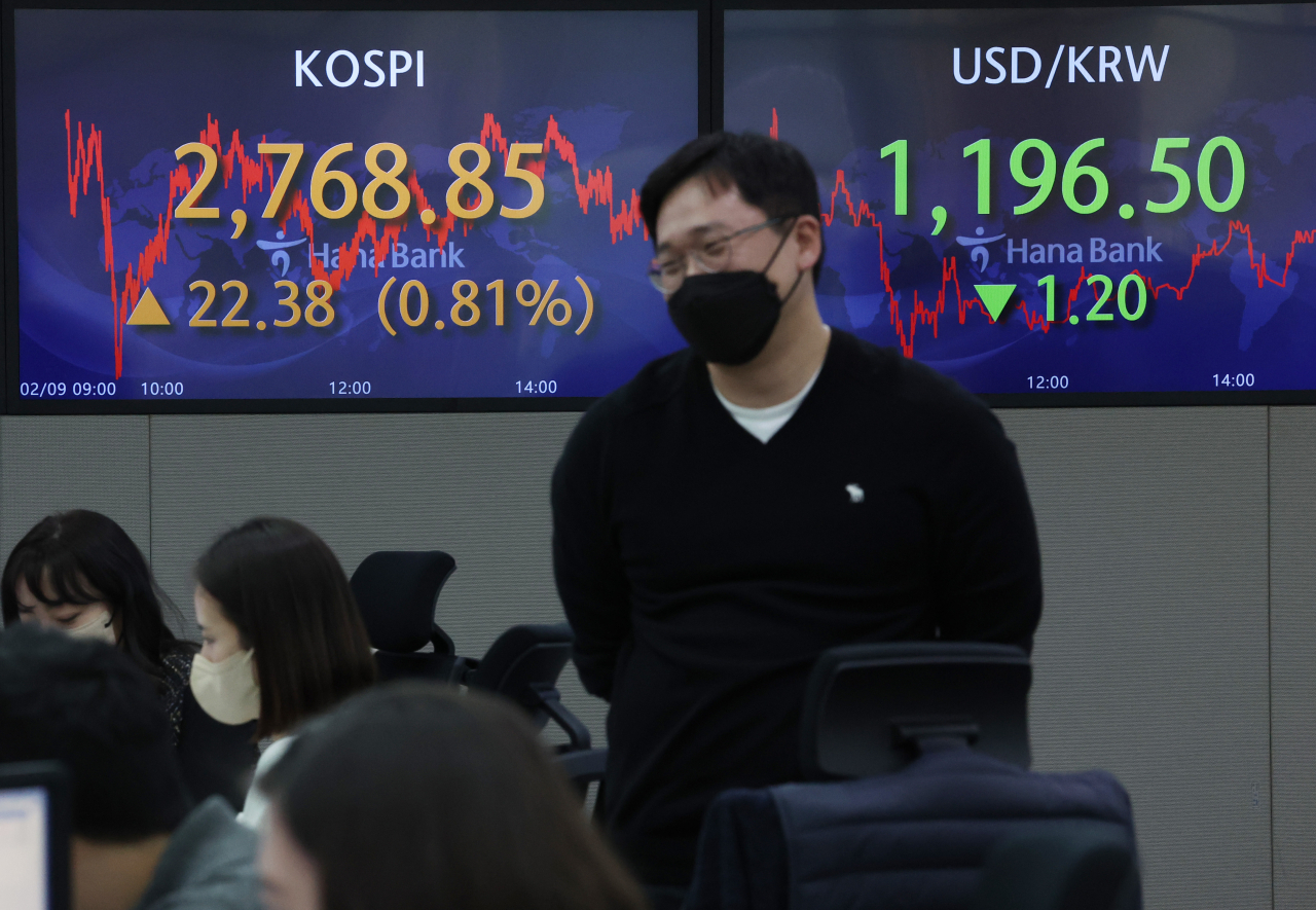 An electronic board showing the Korea Composite Stock Price Index (Kospi) at a dealing room of the Hana Bank headquarters in Seoul on Wednesday. (Yonhap)