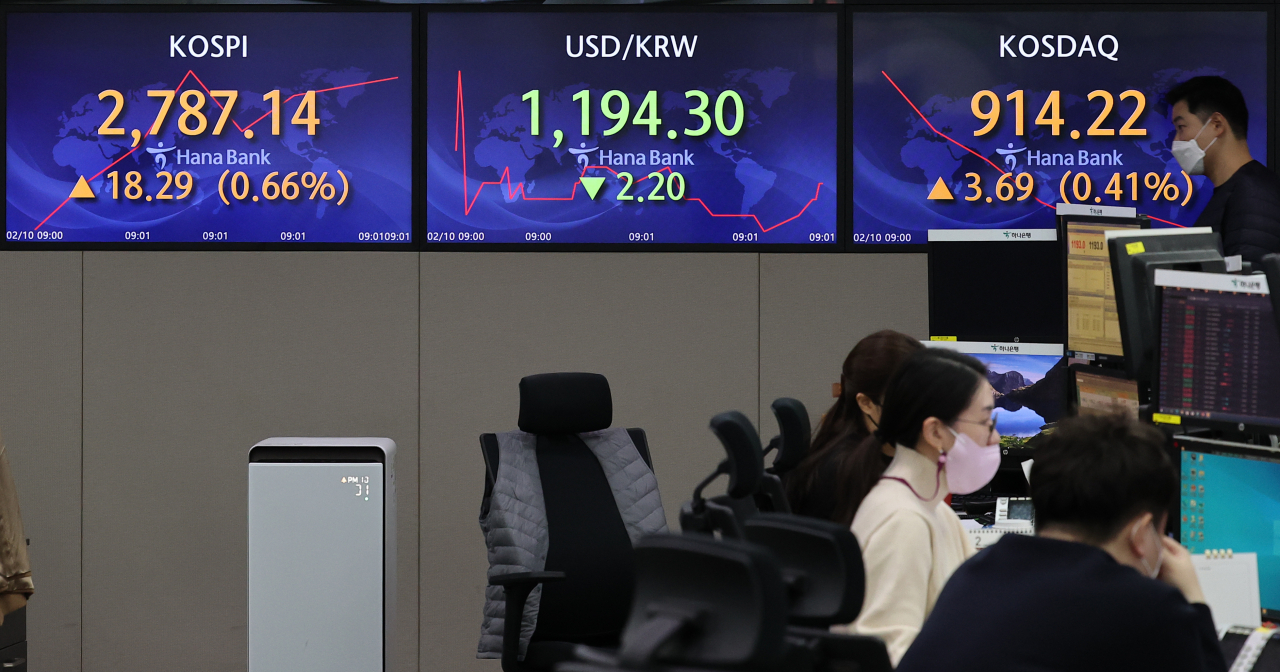 An electronic board showing the Korea Composite Stock Price Index (Kospi) at a dealing room of the Hana Bank headquarters in Seoul on Thursday. (Yonhap)