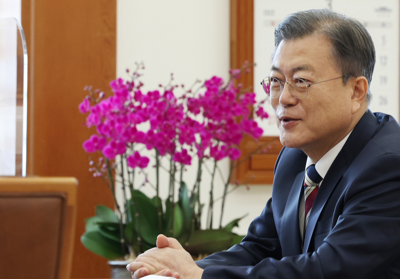 President Moon Jae-in is photographed after taking part in a written interview with Yonhap News Agency and seven other news services from around the world at Cheong Wa Dae in Seoul. (Yonhap)