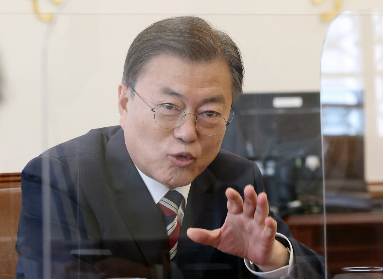 President Moon Jae-in is photographed after taking part in a written interview with Yonhap News Agency and seven other news services from around the world at Cheong Wa Dae in Seoul. (Yonhap)