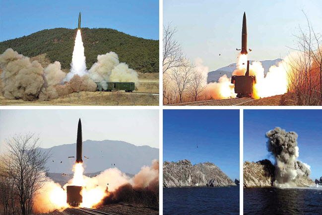 북한이 지난 1월 14일 실시한 평안북도 철도기동미사일연대의 북한판 이스칸데르 KN-23 단거리 탄도미사일 시험발사 장면. [평양 노동신문=뉴스1]