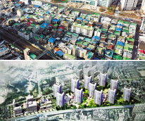 제물포 북측 역세권 일대 전경(사진 위) 및 조감도 예시.