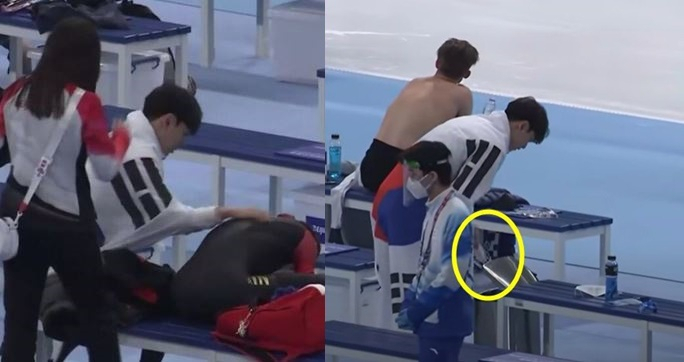 2022 베이징올림픽에서 동메달을 딴 김민석이 지난 8일 메달이 확정된 후 관중석에 있는 중국 선수를 위로하는 모습(왼쪽)과 경기장의 쓰레기를 치우는 모습(오른쪽)이 포착돼 화제를 낳고 있다. [유튜브 '14F' 캡처]