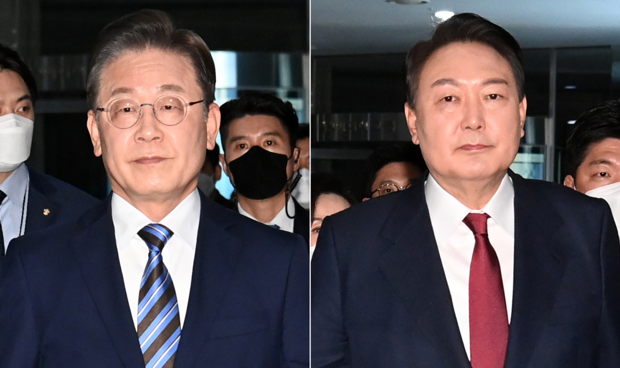 이재명 더불어민주당 대선 후보(왼쪽)와 윤석열 국민의힘 대선 후보가 11일 오후 서울 중구 매경미디어센터에서 열린 한국기자협회 주최 방송 6개사 공동 주관 2022 대선후보 초청 토론회에 참석하고 있다. [연합]