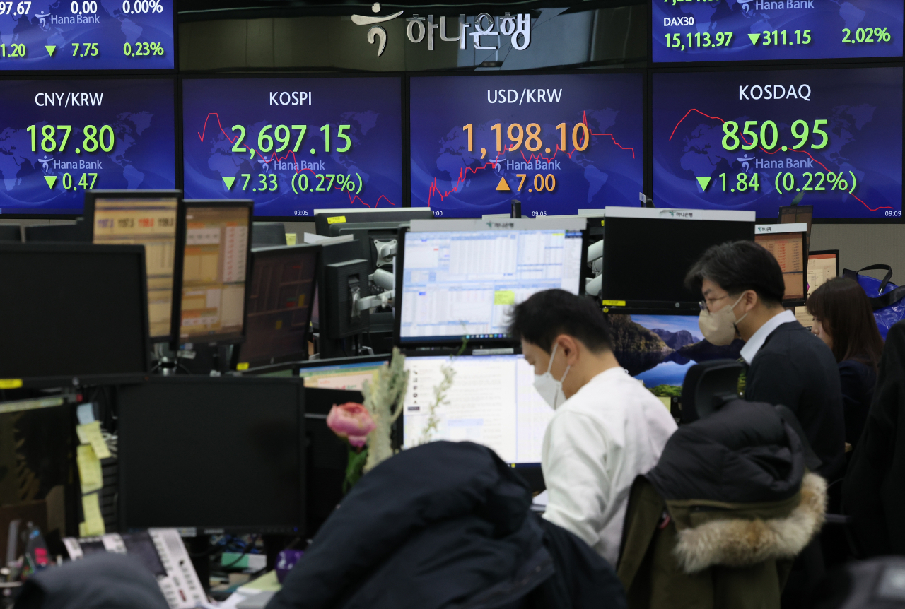 15일 오전 서울 중구 하나은행 딜링룸에서 직원들이 업무를 보고 있다. 이날 코스피지수는 전장보다 7.97포인트(0.29%) 높은 2,712.45로 시작했고, 코스닥지수는 2.83포인트(0.33%) 오른 855.62에 개장했다. 원/달러 환율은 5.9원 오른 1,197.0원에 시작했다. 연합뉴스