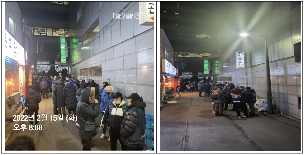CJ대한통운을 상대로 파업과 본사 점거농성 중인 택배노조 조합원들이 길거리에 모여 마스크를 벗고 흡연하는 모습. [CJ대한통운택배대리점연합 제공]