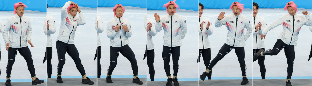 16일 중국 베이징 캐피털 실내 경기장에서 열린 2022 베이징 동계올림픽 쇼트트랙 남자 5000m 계주 결승에서 은메달을 획득한 한국팀의 곽윤기가 경기 후 열린 플라워세리머니에서 단상에 올라 춤을 추고 있다. [연합]